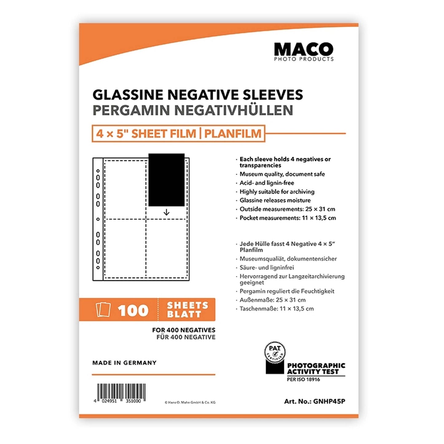 Maco Negatief bladen 4x5 inch 100 vel pergamijn