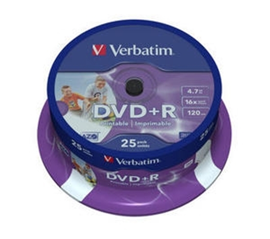 Afbeelding van Verbatim DVD+R Wide Printable 4,7GB 16x op spindle 25 stuks art.nr. 411329816